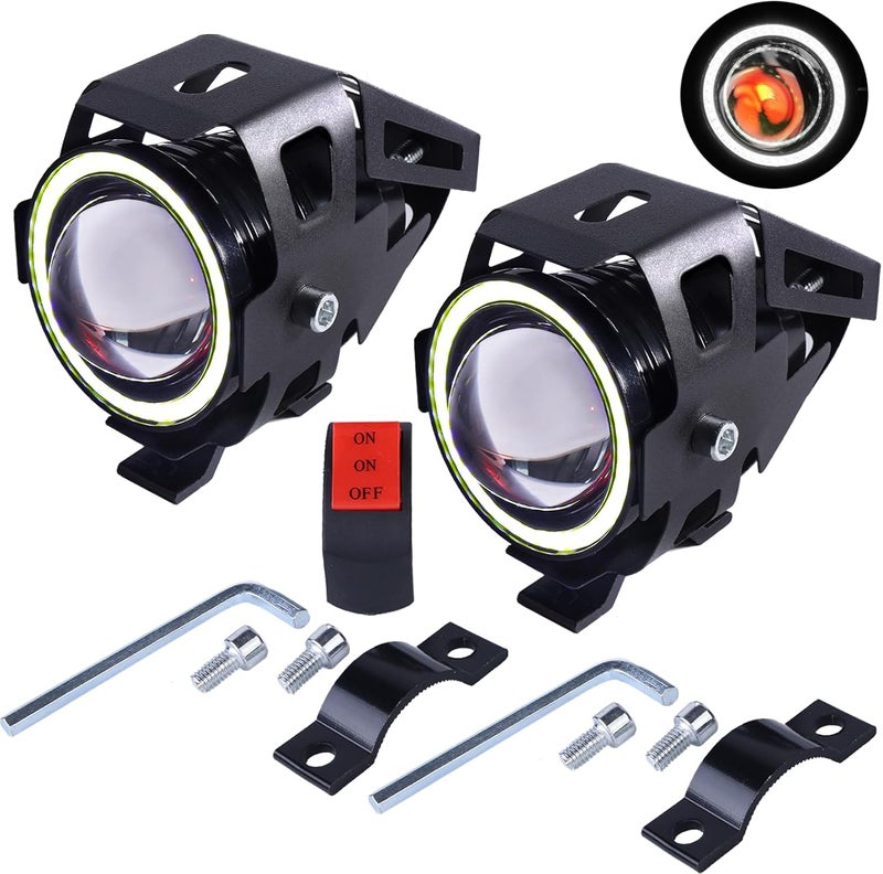 PAKRYS Motorcycle LED Fog Lights U7 Spotlight with High Low Strobe Beam Halo Rings White Central with U7 LED Running DRL Switches Clamps Universal Spotlights Driving Lights 2 Packs - Image 1